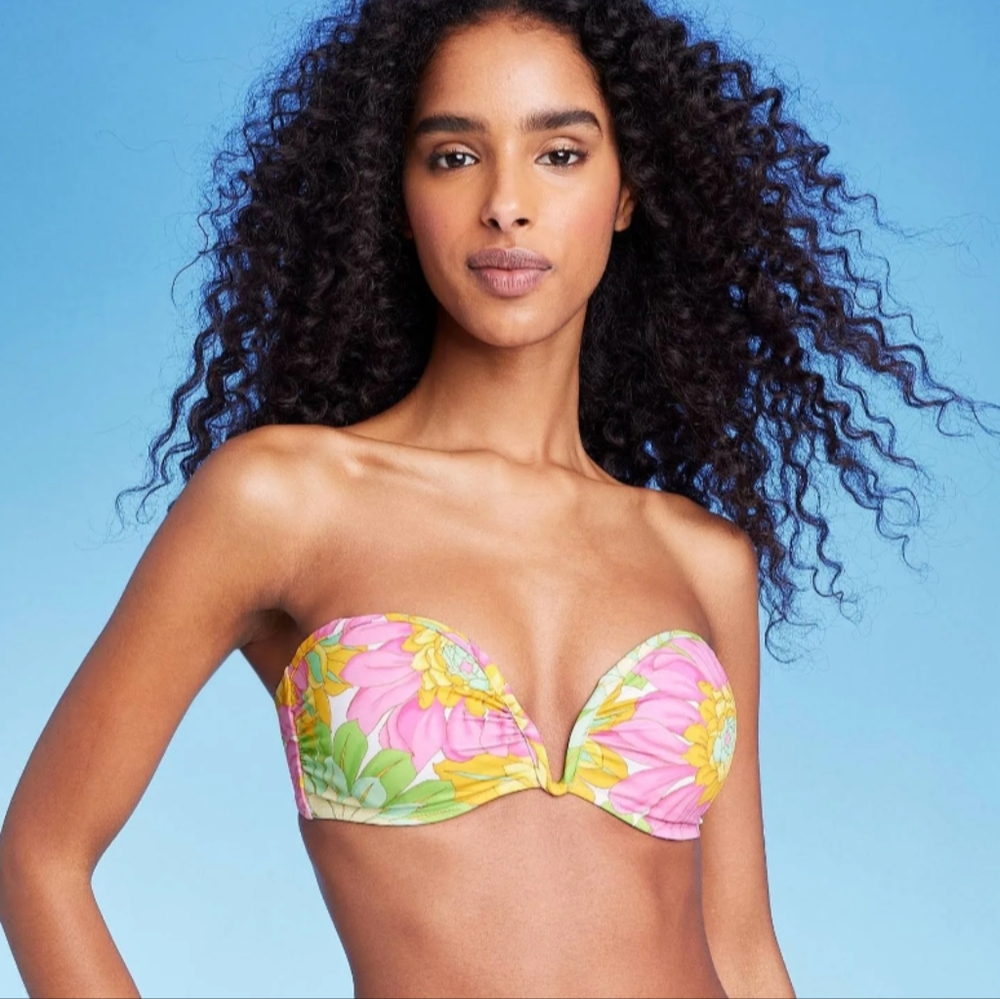 NWT Shade & Shore Boho Floral Strapless Halter Underwire Bikini Top Size 36B